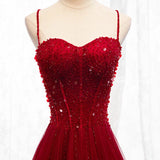 Straps Dark Red Beaded Sweetheart Long Formal Dress, Junior Prom Dress HZ0311
