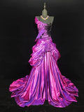 Modest A Line One Shoulder Hot Pink Satin Sleeveless Long Prom Dresses High School Senior Graduation Dance Party Outfits HZ0311