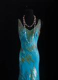 Vintage Prom Dresses 90s Formal Mermaid V Neck Blue Chiffon With Beadings Long Party Gowns Prom Dresses HZ0311
