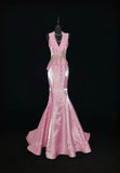 Vintage 1950s Mermaid V Neck Pink With Gold Lace Sleeveless Long Prom Dresses High School Senior Graduation Dance Evening Outfits HZ0311