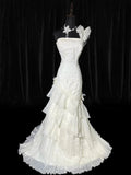 Vintage Women's Mermaid One Shoulder Sleeveless White Lace Tiered Satin Long Vintage Fitted 1920s Wedding Dresses HZ0311