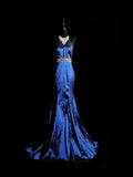Vintage 1950s Mermaid Halter Royal Blue Taffeta With Silver Beading Long Prom Dresses High School Senior Graduation Dance Evening Outfits HZ0311