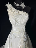Women's Ball Gown One Shoulder Sleeveless White Lace Tiered Satin Long Vintage Fitted 70s Wedding Dresses HZ0311