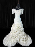 Boho Mermaid Off The Shoulder With Short Sleeves White Lace Tiered Long Vintage Fitted 1920s Wedding Dresses HZ0311