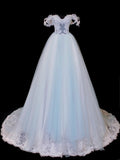 Modest Prom Dress Aesthetic Ball Gowns Off The Shoulder Tulle Blue Style Impress Long Prom Dresses Party Formal Gown HZ0311