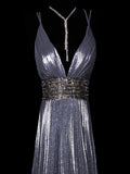 Modest A line Spaghetti Strap Gray Pleated Long Evening Dresses Inspo Senior Night Dance Prom Dress HZ0311
