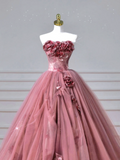 Modest Senior Prom Dresses High Schools Inspiration Ball Gown Strapless Floral Pink Semi Formal Grad Long Prom Dress HZ0311