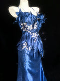 Retro 1950s Mermaid Spaghetti Strap Royal Blue Satin With Applique For Women Long Prom Dress Birthday Gowns HZ0311