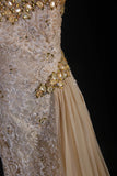 Vintage Mermaid Sweetheart Champagne Lace With Gold Beads Scarf Long Party Dress With Beads 1950s Retro Classy Birthday Dinner Prom Dress HZ0311