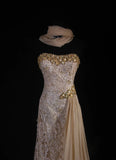 Vintage Mermaid Sweetheart Champagne Lace With Gold Beads Scarf Long Party Dress With Beads 1950s Retro Classy Birthday Dinner Prom Dress HZ0311