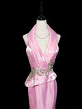 Vintage 1950s Mermaid V Neck Pink With Gold Lace Sleeveless Long Prom Dresses High School Senior Graduation Dance Evening Outfits HZ0311