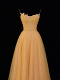 Simple Formal A Line Spaghetti Strap Yellow Tulle Style Impress Long Prom Dresses Party Gowns HZ0311