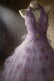 Cute Ball Gown Halter Lilac Sleeveless With Beaded Bodice Tulle Long Quinceanera Dresses Sweet 15 16 Birthday Outfits HZ0311