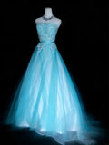 Classy Ball Gown Strapless Blue Tulle Sleeveless For Women Long Prom Dresses Senior High School Birthday Outfits HZ0311