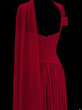 Classy A Line 1950s Formal One Shoulder Red Chiffon Pleated Style Impress Long Prom Dresses Party Gowns HZ0311