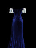 Classy Formal Mermaid Off The Shoulder Royal Blue Velvet With Beads Style Impress Long Prom Dresses Party Gowns HZ0311