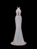 Classy Mermaid 1950s Formal High Neck White Sequins Style Impress Backless Long Prom Dresses Party Gowns HZ0311