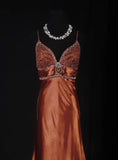 Vintage Mermaid Spaghetti Strap Burnt Orange Satin Party Dress With Beads 1950s Retro Classy Birthday Dinner Long Prom Dresses HZ0311
