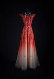 Vintage A line Ombre Red Tulle Square Neck Party Dress With Beads 1950s Retro Classy Birthday Dinner Long Prom Dresses HZ0311