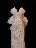 Classy Formal Mermaid Sweetheart Champagne Sequins With Beads Bow-knot Style Impress Long Prom Dresses Party Gowns HZ0311