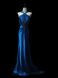 Retro 60s A line Halter Royal Blue Satin Sleeveless Long Evening Dresses Inspo Senior Night Dance Prom Dress HZ0311