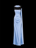 Classy Sheath Spaghetti Strap Light Sky Blue Satin Formal Style Impress Long Prom Dresses Party Gowns HZ0311