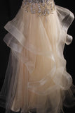 Women's Cocktail Party Gowns A Line V Neck Champagne With Beaded Tops Long Graduation Dinner Outfits Prom Dresses HZ0311