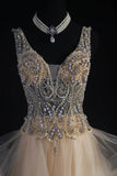 Women's Cocktail Party Gowns A Line V Neck Champagne With Beaded Tops Long Graduation Dinner Outfits Prom Dresses HZ0311
