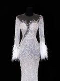 Elegant Women's Mermaid Scoop Neck With Long Sleeves White Tulle With Beadings Feather Long Wedding Gowns Dresses HZ0311