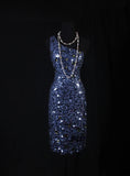 Chic Sheath One Shoulder Navy Blue Sequins Knee Length 16th Birthday Dress Homecoming Dresses Cocktail Gown HZ0311