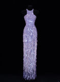 Classy Formal Sheath Scoop Neck Lilac Sequins With Tassel Style Impress Long Prom Dresses Party Gowns HZ0311