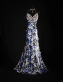 Vintage 50s 1950s Formal Mermaid Halter Blue Floral Pleated With Beads Sleeveless Long Prom Dresses Party Formal Gowns HZ0311