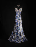 Vintage 50s 1950s Formal Mermaid Halter Blue Floral Pleated With Beads Sleeveless Long Prom Dresses Party Formal Gowns HZ0311