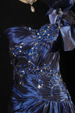 Retro Vintage 1960s Formal A line One Shoulder Fashion Navy Blue Satin With Beads Sleeveless Long Prom Dresses Party Formal Gowns HZ0311