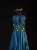 Retro Vintage 1960s Formal A line Halter Blue Fashion With Beads Long Prom Dresses Party Formal Gowns HZ0311