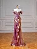 Classy Mermaid Off The Shoulder Pink With Short Sleeves Long Formal Prom Dresses Dance Night Outfits Party Gowns HZ0311