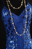 Retro 50s 1950s Formal Sheath Spaghetti Strap Royal Blue With Gem Beads Sleeveless Mid Length Prom Dresses Party Formal Gowns HZ0311