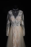 Elegant Women's A line V Neck With Long Sleeves Champagne Lace Floor Length Wedding Gowns Dresses HZ0311