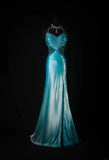 Vintage Mermaid Halter Blue Satin With Beads Long Formal Fancy Prom Dresses Night Outfits Party Gowns For Teens HZ0311