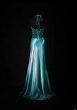 Vintage Mermaid Halter Blue Satin With Beads Long Formal Fancy Prom Dresses Night Outfits Party Gowns For Teens HZ0311