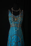 Classy Prom Dresses 1950s A line Tulle With Gold Beaded Blue Long Parties Gowns Evening Dress HZ0311