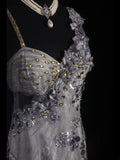 Classy Prom Dresses 1950s Mermaid Spaghetti Strap Silver Gray Lace With Beaded Long Parties Gowns Evening Dress HZ0311