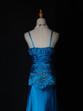 Vintage A Line Spaghetti Straps Blue Satin Sequins With Beaded Bodice Long Prom Dresses Impress 18th Birthday Outfits Prom Gown HZ0311