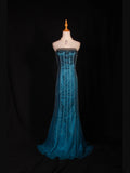 Retro 1950s Mermaid Strapless Blue Chiffon With Gem Beads Bodice Long Prom Dresses Inspo 22th Birthday Outfit Formal Gown HZ0311