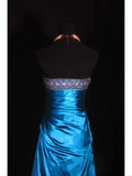 Vintage Ball Gown Strapless Blue Satin 1970s With Ruffled Beads Bodice Long Prom Dresses Inspo 16th Birthday Outfit Formal Gown HZ0311