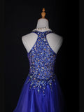 Vintage A line Halter Royal Blue Tulle With Gold Beads Short 18th Birthday Dress Homecoming Dresses Cocktail Gown HZ0311