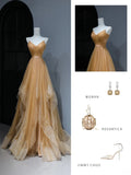 Modest Prom Dresses Aesthetic A Line Spaghetti Straps Gold Tulle Inspiration Style Impress With Pleated Long Party Formal Gown HZ0311