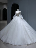 Princess Long Wedding Gowns Ball Gown Scoop Style for Bride With Lace Appliques Long Sleeves Train White Bridal Dresses HZ0311