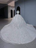 Sparkly Long Wedding Dress Ball Gown Strapless Style for Bride With Sequin Beaded Bodice Train Bridal Dresses HZ0311