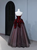 Modest Prom Dresses Aesthetic Ball Gown Strapless Burgundy Tulle Inspiration Style Impress With Flowers Long Party Formal Gown HZ0311